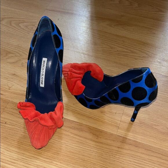 Manolo Blahnik Blue and Red Polka Dot Heels Size 37.5 Made in Italy - Picture 1 of 7